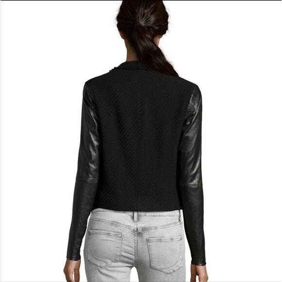 XS Vince black tweed & faux leather wool blend moto jacket with pockets - Picture 3 of 9